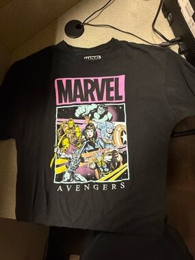 Marvel Black Tee with Pink Logo and Multicolor Avengers Panel